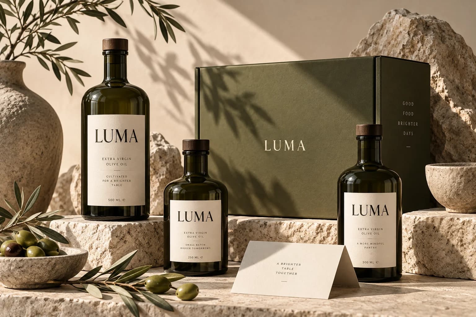 Koncept ambalaže Luma Pantry s bocama maslinova ulja i kutijom namirnica na vapnencu