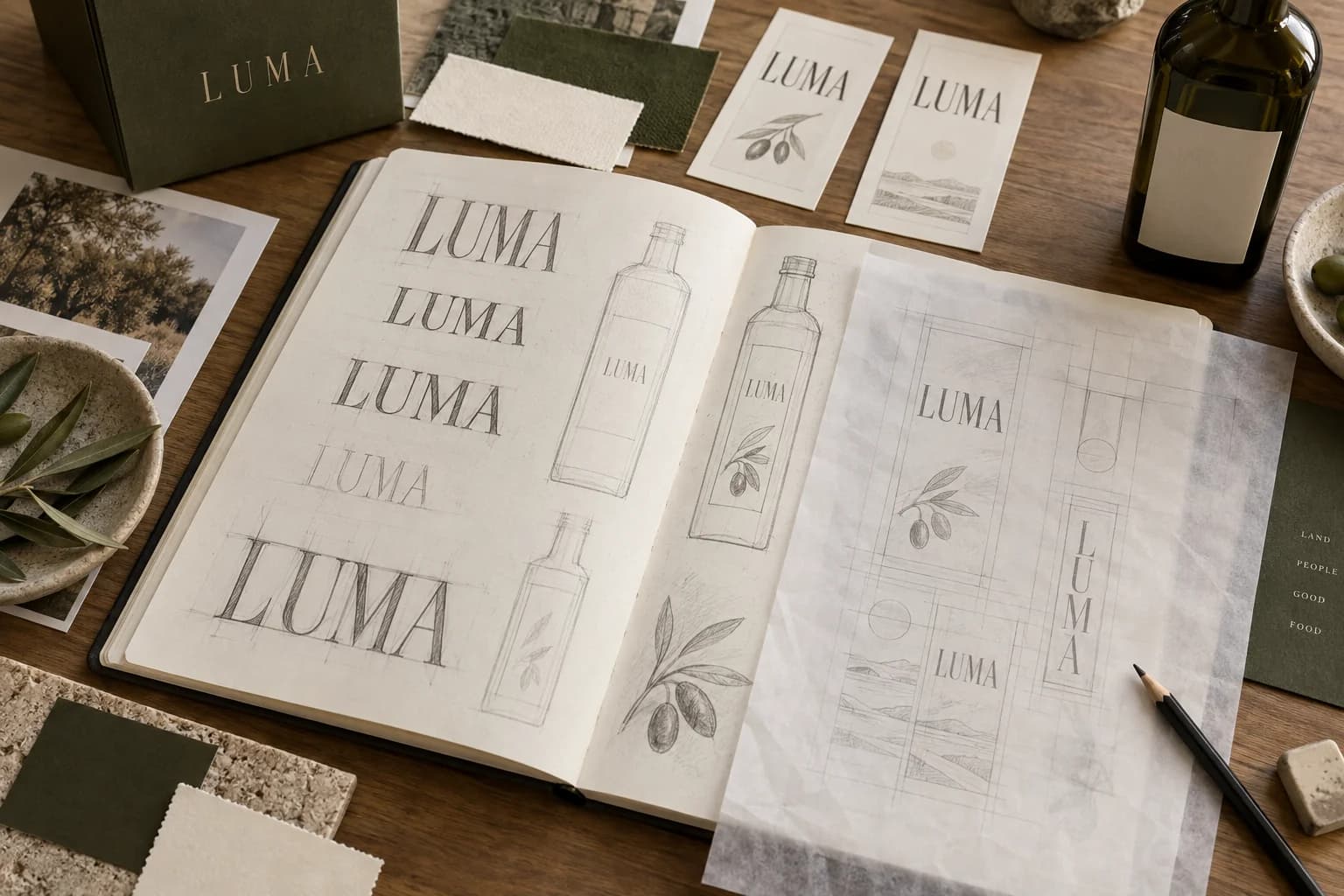 Studije identiteta Luma u bilježnici s olovkom, probnim etiketama, paus-papirom te maslinastim i svijetlim uzorcima materijala